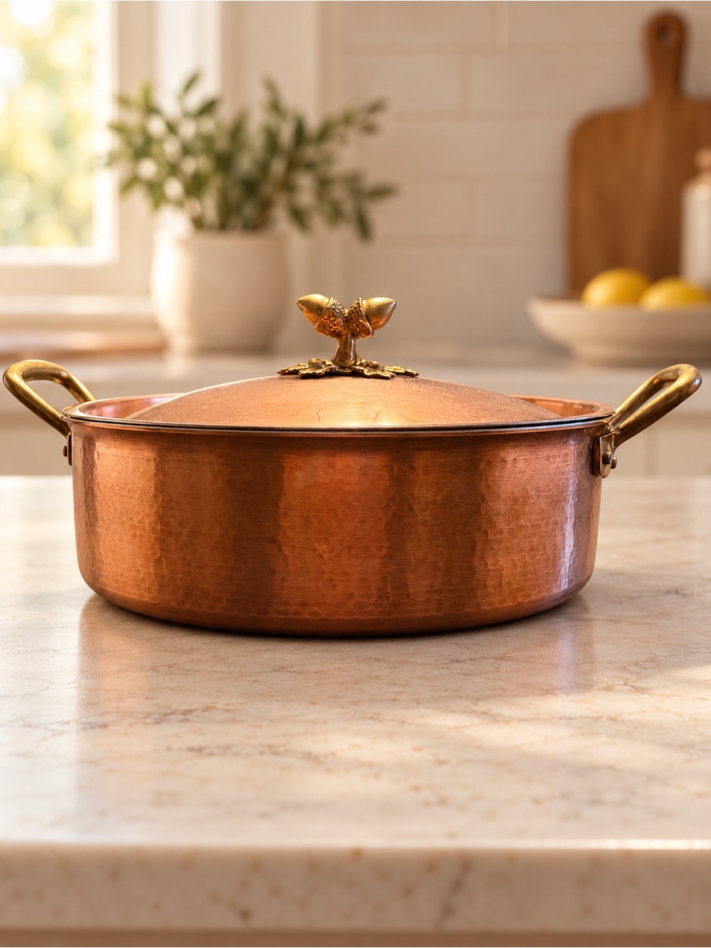 Hammered Copper Casserole with Brass Handles and Lid